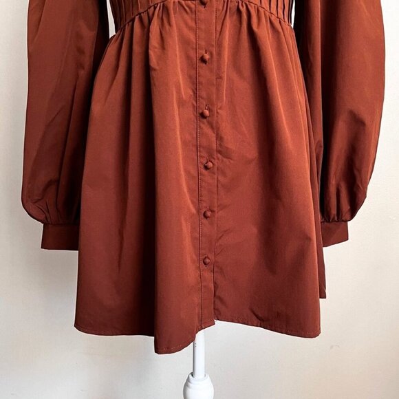 PRETTYLITTLETHING BUTTON FRONT PUFF SLEEVE SKATER SKIRT IN BROWN - 10 - Picture 7 of 13